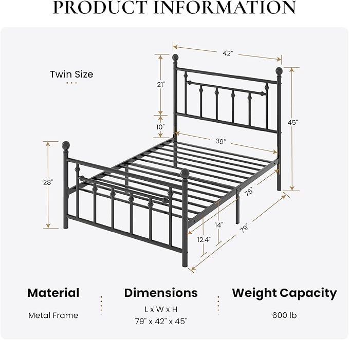 SHA CERLIN 14" Twin Size Metal Platform Bed Frame/Victorian Headboard and - Image 2