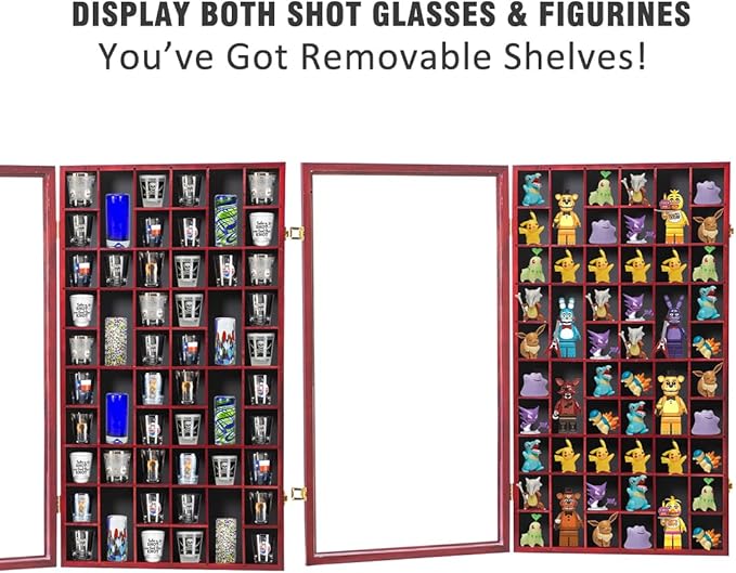Shot Glass Display Case Large Wooden Cabinet Rack Holder Wall Mounted Mahogany - Image 4