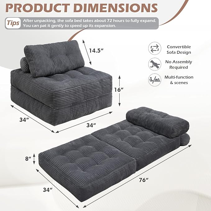 Folding Sofa Bed, Convertible Sleeper Chair - Image 2