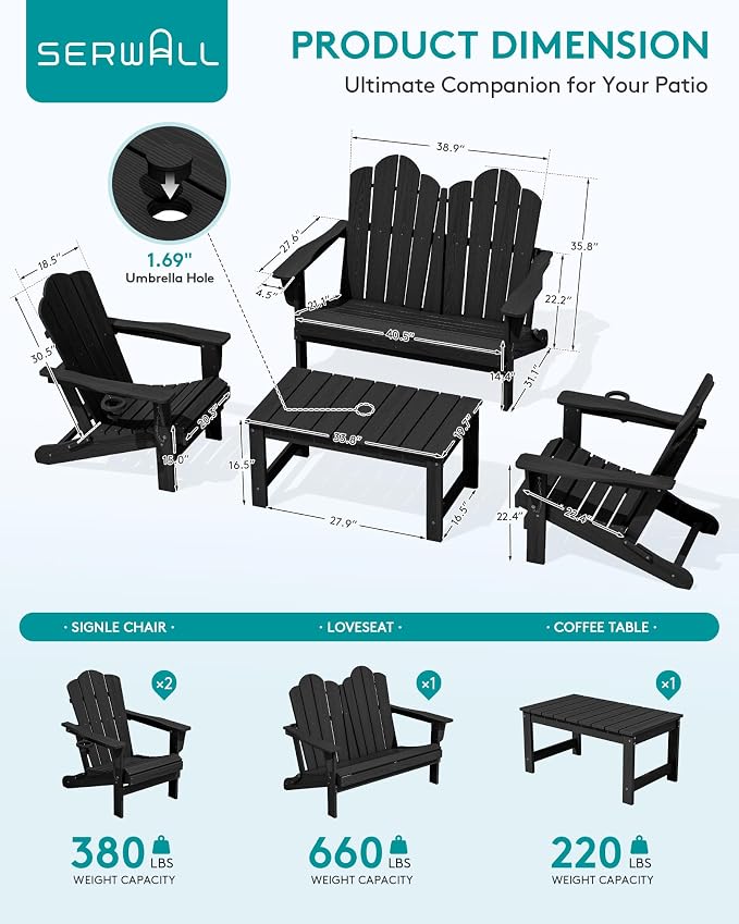 SERWALL 5 Pieces HDPE Patio Adirondack Chair Set, 2 Adirondack Chair - Image 2