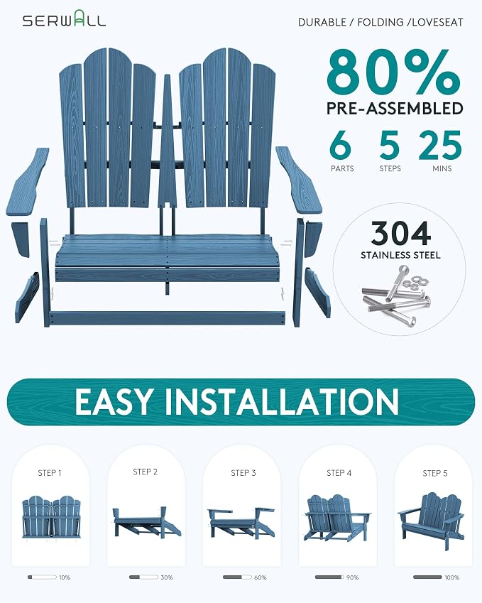 SERWALL Folding Adirondack Bench, HDPE All-Weather Adirondack Loveseat Set of 2 - Image 4