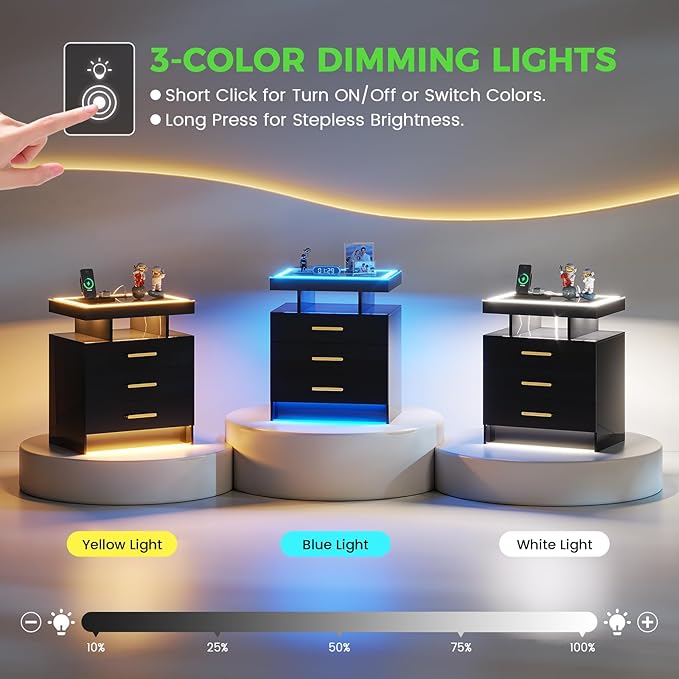 HNEBC Night Stand Set 2 with LED Lights, High Gloss Nightstand with 3 Drawers - Image 4