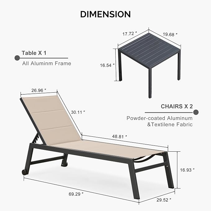 PURPLE LEAF Extra Large Outdoor Chaise Lounge 4 Pieces Aluminum Patio Lounge - Image 8