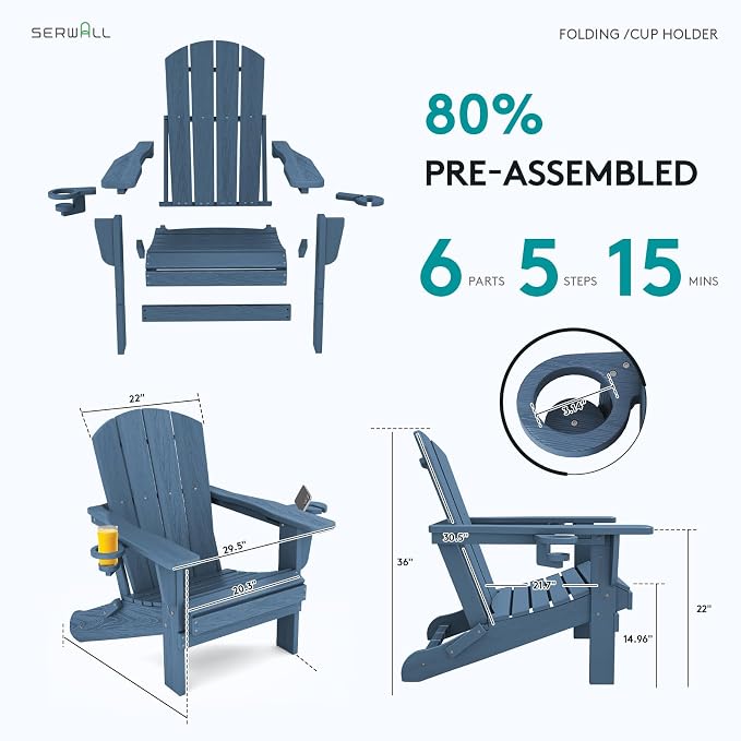 SERWALL Folding Adirondack Chair, HDPE Adirondack Chairs Set of 2, Plastic - Image 7