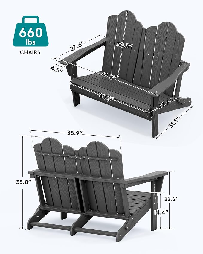 SERWALL Folding Adirondack Bench, HDPE All-Weather Adirondack Loveseat Set of 2 - Image 8