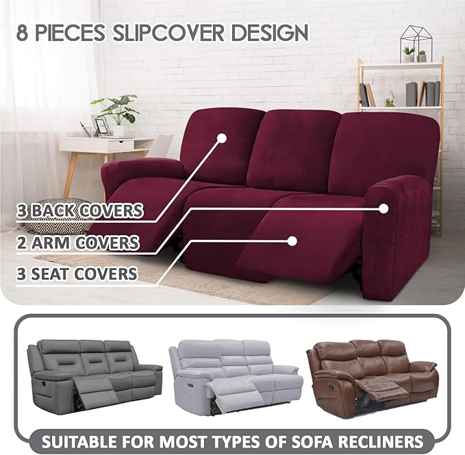 ULTICOR Velvet 8-Pieces Recliner Sofa Covers Stretch Reclining Couch Covers - Image 2