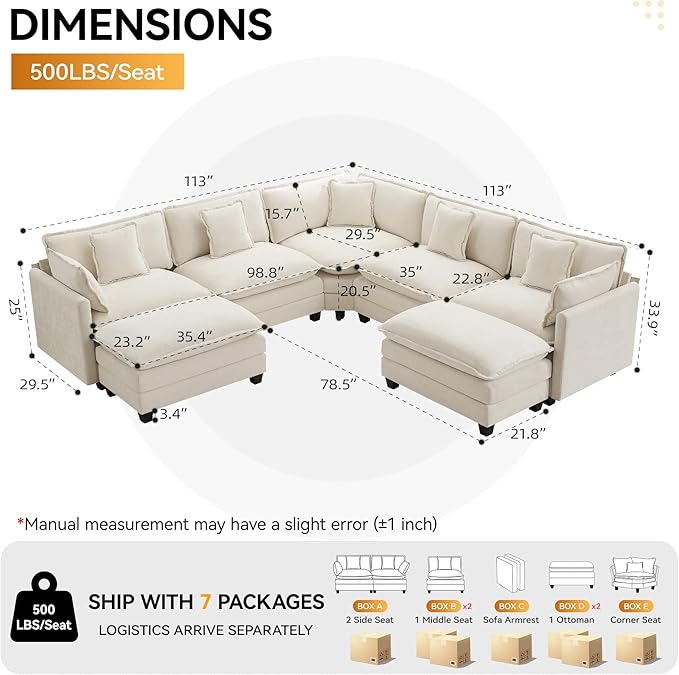 113'' V Shaped Cloud Sectional Sofa, Oversized Deep Seat Couches - Image 2
