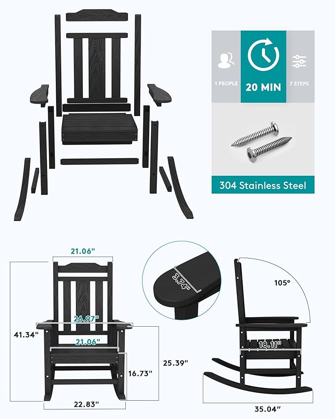 SERWALL Black Outdoor Rocking Chair Set of 2, All Weather Patio Rocking Chair - Image 2