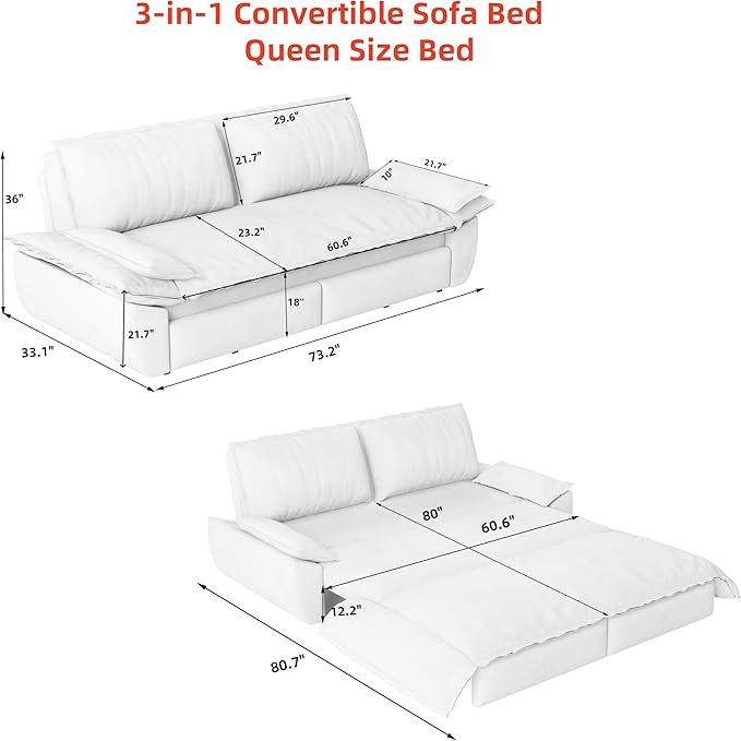 73.2" Sofa Bed Queen, 3-in-1 Pull Out Sofa Bed - Image 4