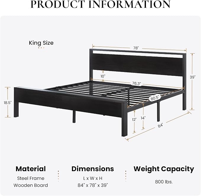 SHA CERLIN 14 Inch King Size Metal Platform Bed Frame - Image 2