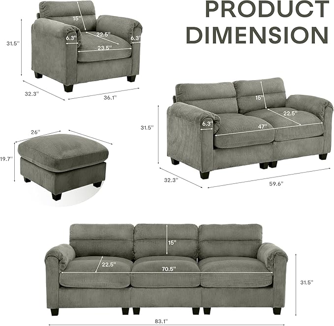 HAOMARKETS Corduroy 4-Piece Sofa Set, Upholstered Ottoman Set of 2 and Accent - Image 2