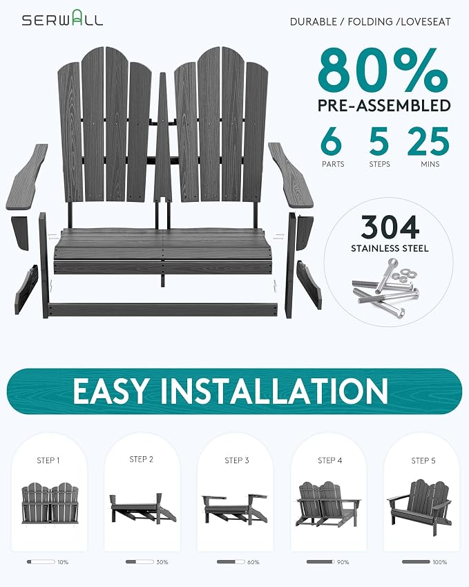 SERWALL 4 Pieces HDPE Patio Adirondack Chair Set, 2 Adirondack Chair - Image 5