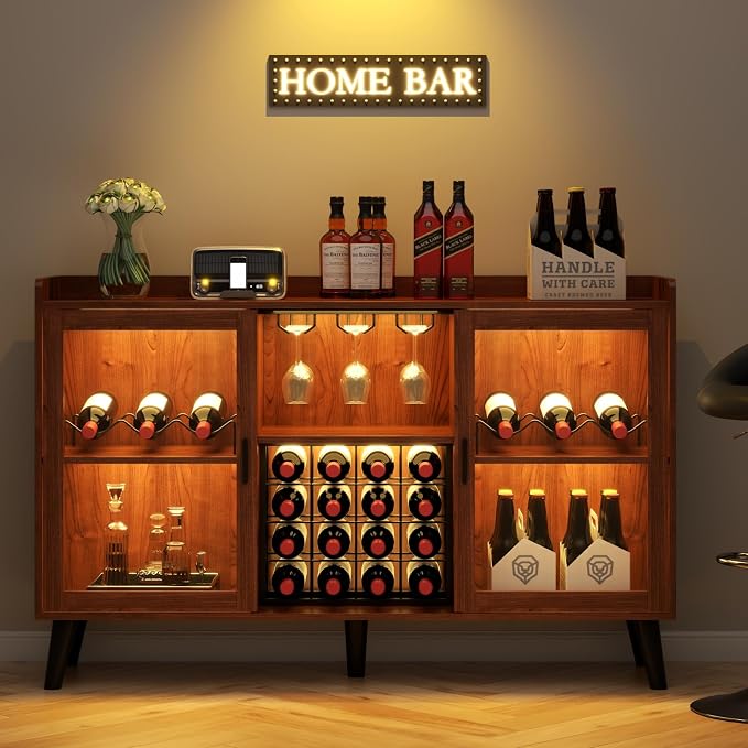 Loomie Wine Bar Cabinet with LED Light, Home Coffee Cabinet with Wine Rack and - Image 8