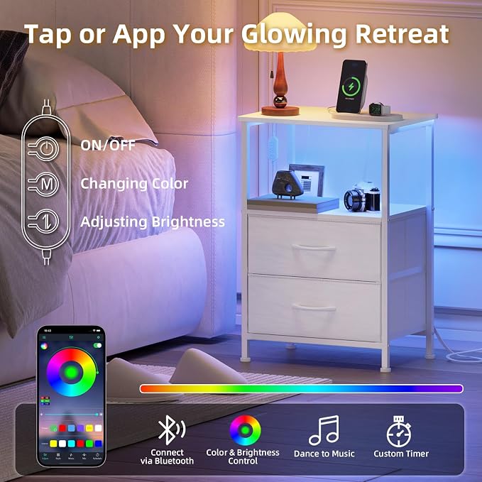 Somdot White Nightstand with Charging Station and LED Light - Image 4