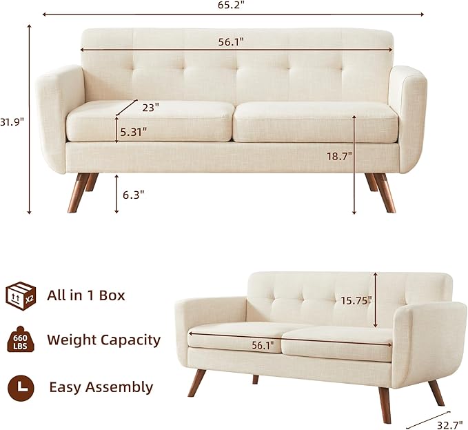 Tbfit 65" W Loveseat Sofa, Mid Century Modern Decor Love Seat Couches - Image 2