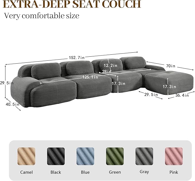 Boneless Sectional Couch, No Assembly Required, 152.7” L Shaped Modular Cloud - Image 3