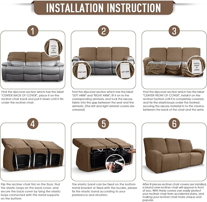 TAOCOCO Recliner Sofa Covers 8-Pieces Stretch Large Couch Covers - Image 6