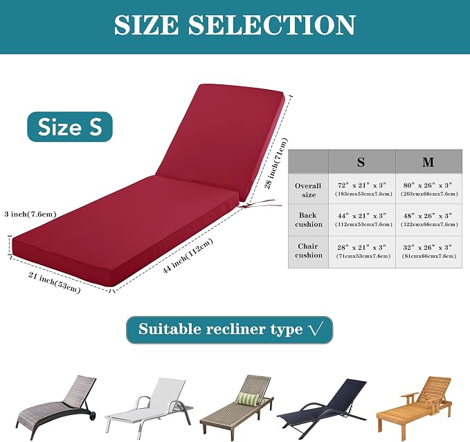 Chaise Lounge Cushion for Outdoor Furniture, Waterproof Fade and Tear Resistant - Image 5