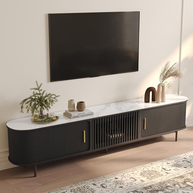 POVISON Fully-Assembled Sliding Tambour Door TV Stand, Mid Century Modern by POVISON