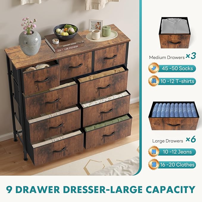 OLIXIS Dresser for Bedroom, 9 Storage Drawers, Wide Fabric Closet Chests - Image 6