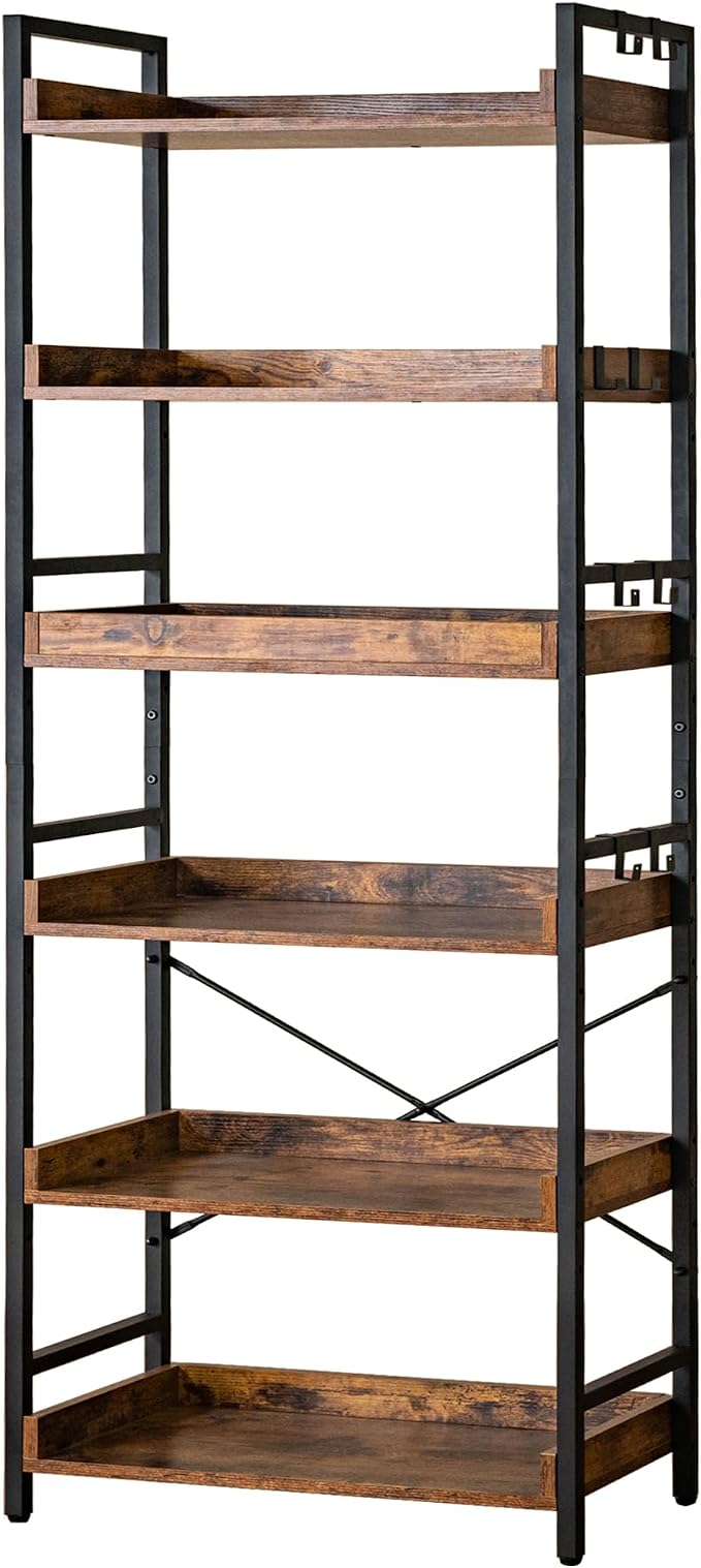 HCHQHS Adjustable 6 Tier Open Bookcase, Rustic Farmhouse Book Shelves, by HCHQHS