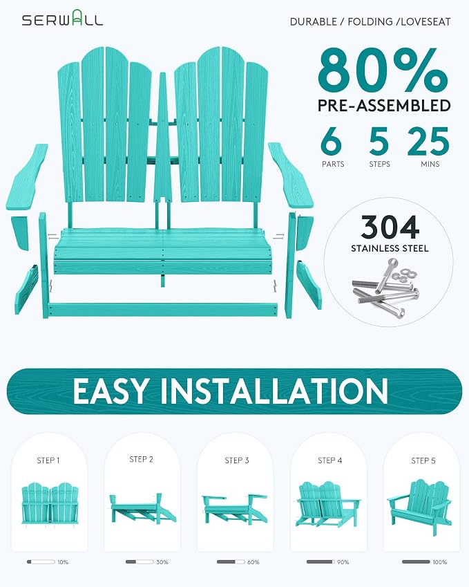 SERWALL Folding Adirondack Bench, HDPE All-Weather Adirondack Loveseat - Image 7