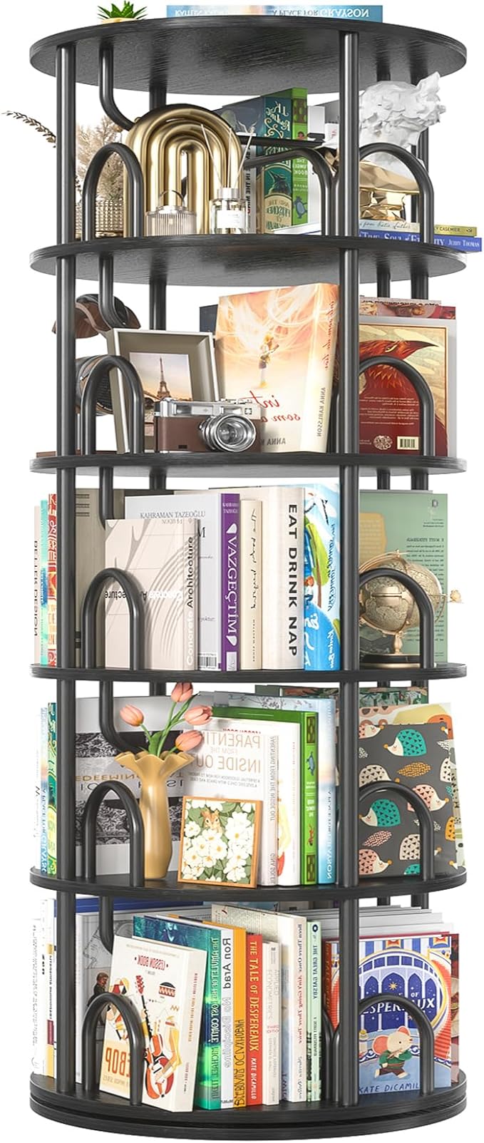 Aheaplus 5 Tier Rotating Bookshelf Tower, 360 Display Spinning Bookcase by Aheaplus