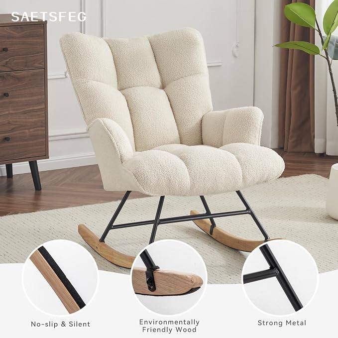 SAETSFEG Rocking Chair Nursery Teddy Upholstered Glider Rocker Rocking Accent - Image 5
