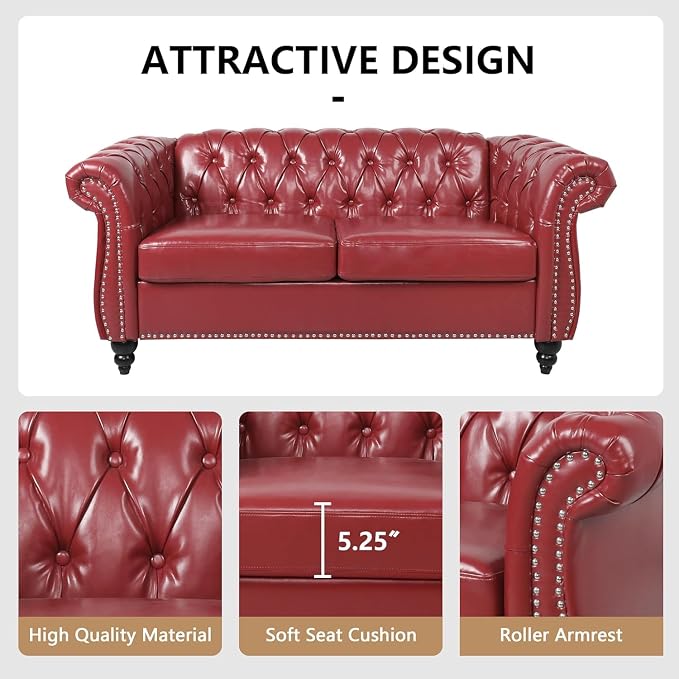 Mid-Century 2 Seater Sofa, Faux Leather Loveseat - Image 5