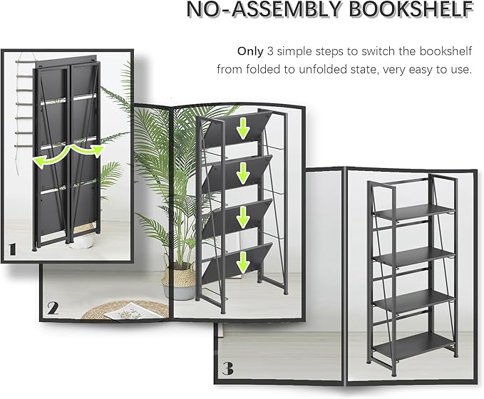4NM No Assembly Folding Bookshelf Storage Shelves 4 Tiers Vintage Bookcase - Image 6