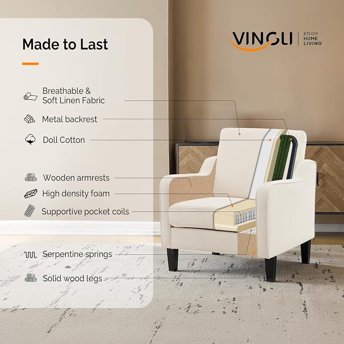 VINGLI Beige Accent Chairs for Living Room, Line Comfy Upholstered Chair Mid - Image 4