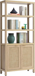 SICOTAS Bookshelf 5 Tier Book Shelf Rattan Boho 71" Tall Bookcase by SICOTAS
