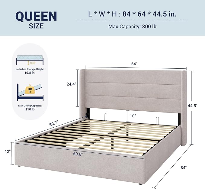 Allewie Queen Size Lift Up Storage Bed, Modern Wingback Headboard, Hydraulic - Image 2