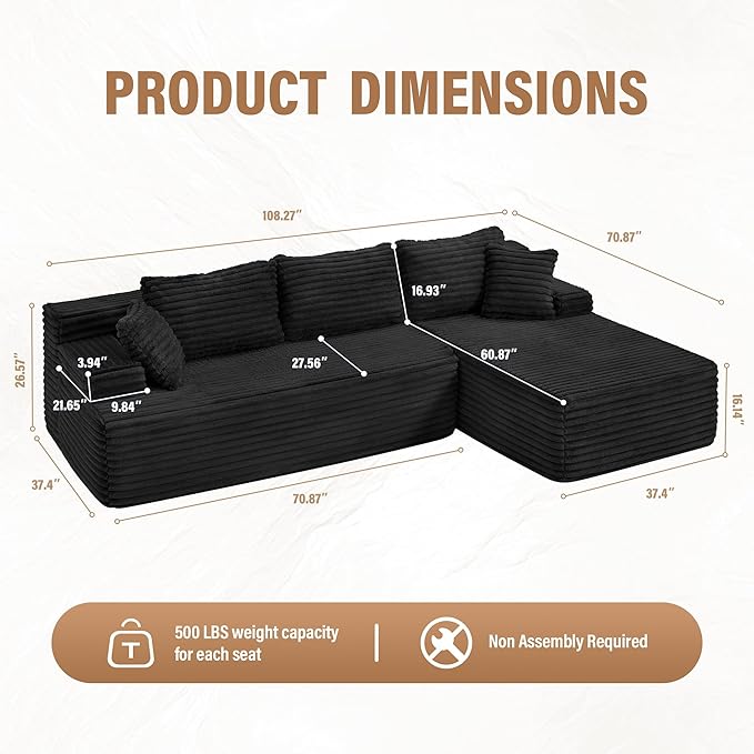 Hobestluk Modular Sectional Sofa Couches L-Shape Couch 3 Seat Modular Sofa - Image 2