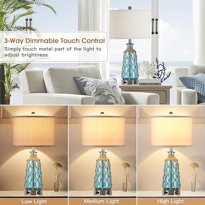 Ruzectt 25.5" Coastal Glass Table Lamps Set of 2, 3-Way Dimmable Touch Control - Image 2