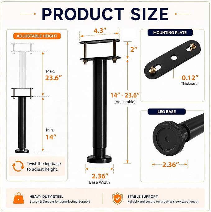 6Pcs Bed Frame Support Leg, Adjustable 14" to 23.6", Increase Under-Bed Storage - Image 2