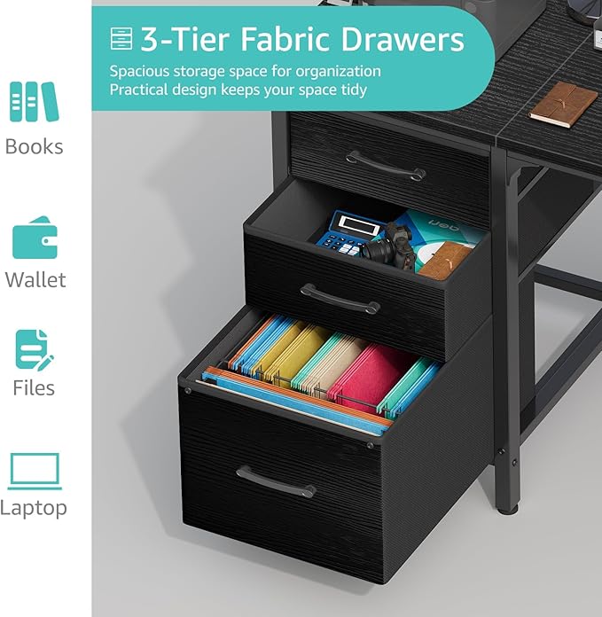 Lufeiya Computer Desk with Fabric File Drawers Cabinet, 55 Inch Reversible Home - Image 5