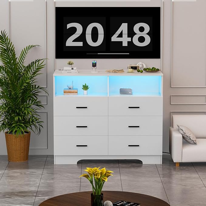 FJTJBSI Dresser with Power Outlets and LED Lights Wooden 6 Drawer Dresser with - Image 6