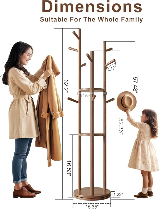 Muwuele Solid Wood Rotary Coat Rack, Freestanding Coat Rack - Image 4