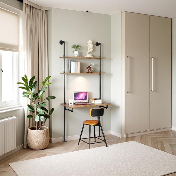 ZIOTHUM Wall Mounted Desk with Shelves, Industrial Ladder Style Floating Desk - Image 4
