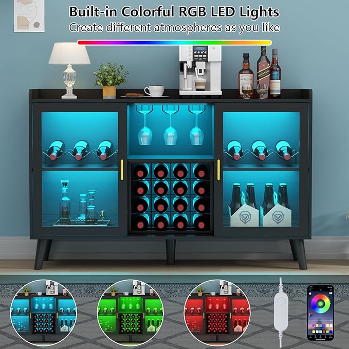 Loomie Wine Bar Cabinet with LED Light, Home Coffee Cabinet with Wine Rack and - Image 5