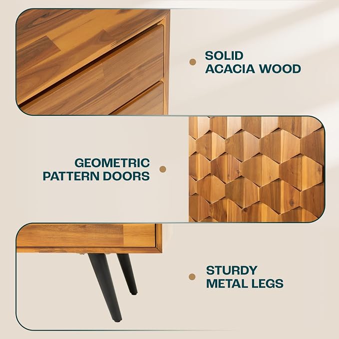 Bme Sideboard Georgina Solid Wood 2 Doors & 3 Drawers, Living Room, Teak Brown - Image 4