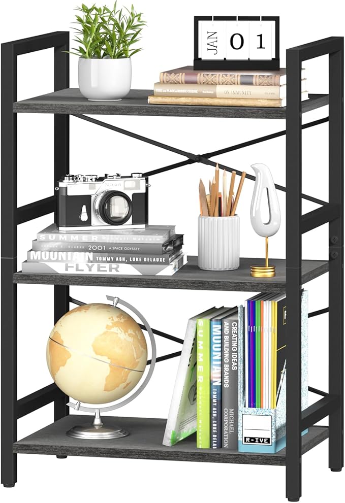 Yoobure Bookshelf Small Book Shelf, Solid Industrial 3 Tier Shelf Bookcase by Yoobure