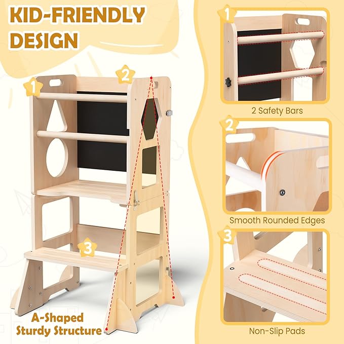 Woodure 4-in-1 Toddler Kitchen Step Stool, Foldable Learning Standing Tower - Image 2