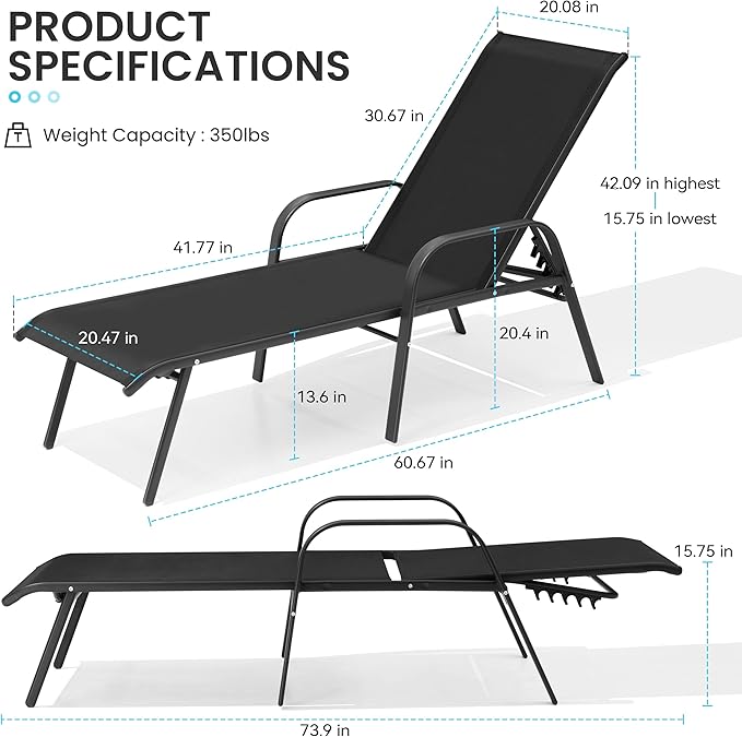 Crestlive Products Outdoor Chaise Lounge Chair, 5-Position Pool Lounge Chairs - Image 2