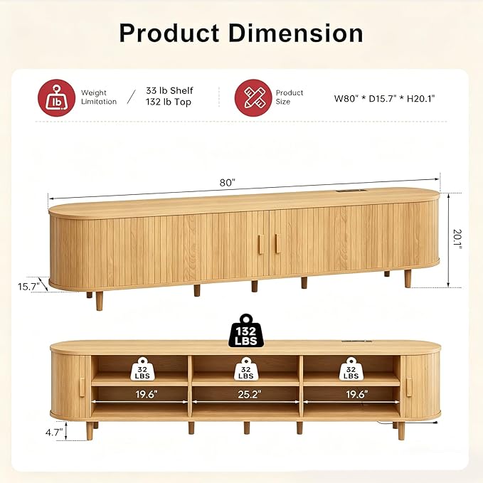 80" Mid Century Modern TV Stand, Wood TV Consoles - Image 3