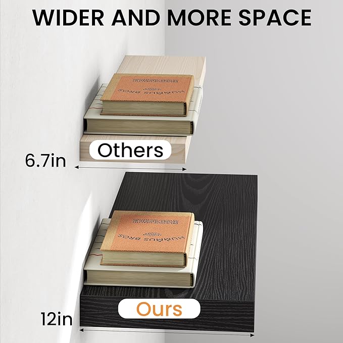 36Inch Black Floating Shelves for Wall, 12 Inch Deep Shelves for Bedroom - Image 5