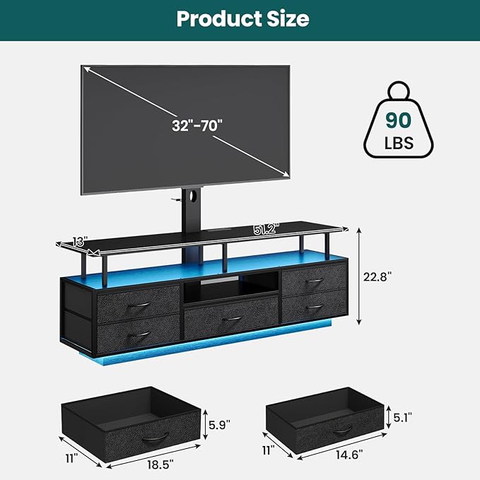 BTHFST TV Stand with Mount for 32/55/65/70 inch TVs, 51.2" LED TV Stand with - Image 2