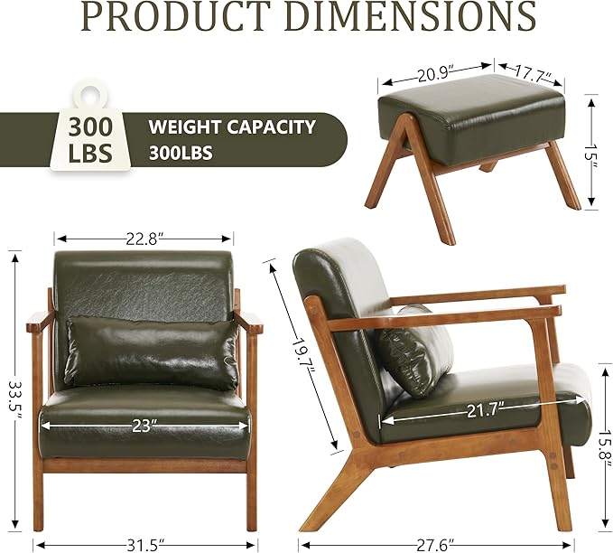 Accent Chair and Ottoman Set, Mid-Century Modern Faux Leather Upholstered - Image 2