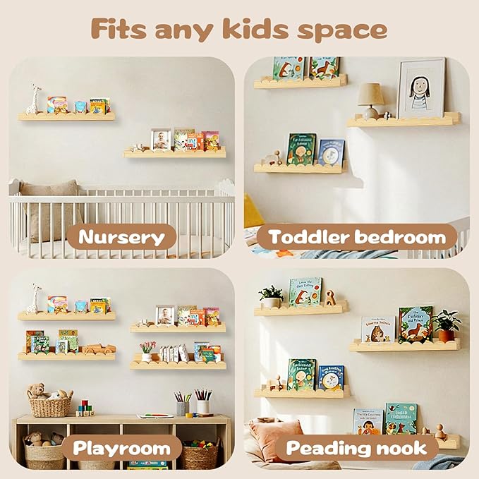 Nursery Floating Shelves for Kids Room, 4 Pack 15.7 Inch Natural Wood Wall - Image 6